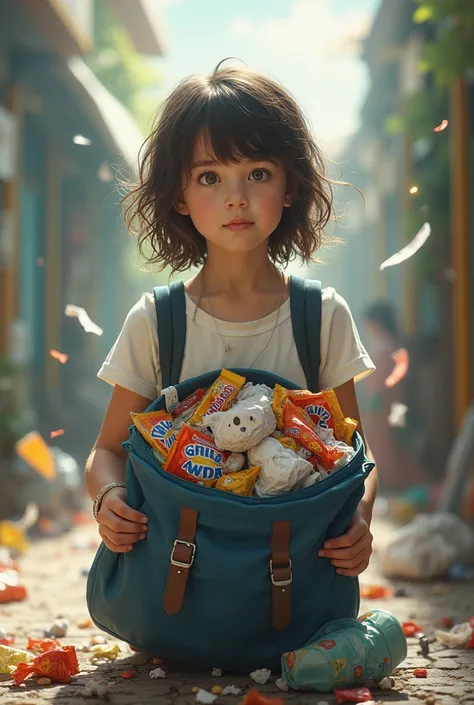 Make an image of a young girl aged  that her appearance suggested a disregard for neatness.  Her school bag was visibly overflowing, with crumpled papers and discarded candy wrappers peeking out from the top and sides.  She didnt seem to notice or care abo...