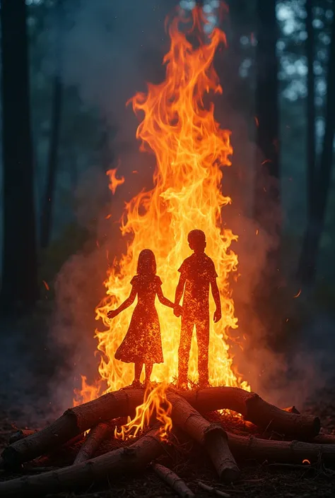 Create a surreal and enchanting image of a fire that appears alive, with flames forming subtle shapes of people and scenes that tell a dramatic or heartwarming story. Within the flickering flames, include outlines of human figures interacting—dancing, embr...