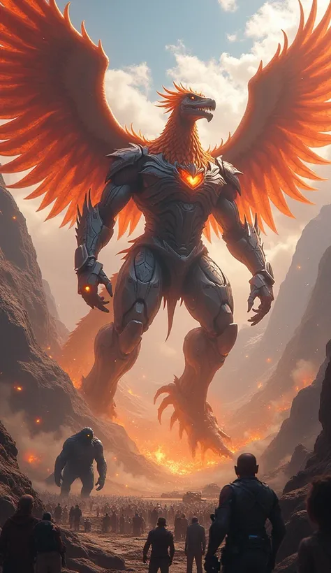 "In a universe where dimensions collide, hybrids from every world are summoned to a battleground outside of time. Imagine a colossal Phoenix-Sphinx Mecha with molten wings and laser eyes, locked in combat against a T-Rex infused with Storm Energy that cont...