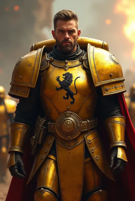 templar general,  warhammer, space marine, with a lion on the chest shield, golden armor, without helmet, human head.