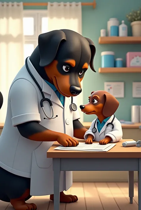 Rottweiler as a nurse and dachshund as a doctor