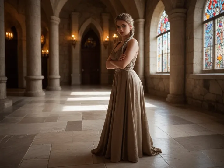 create an Incredibly highly detailed realistic cinematic photo of Create a dramatic scene set in a medieval stone castle interior. In the foreground, a sexy woman with long braided hair stands in sexy pose with her arms crossed, wearing a simple yet elegan...