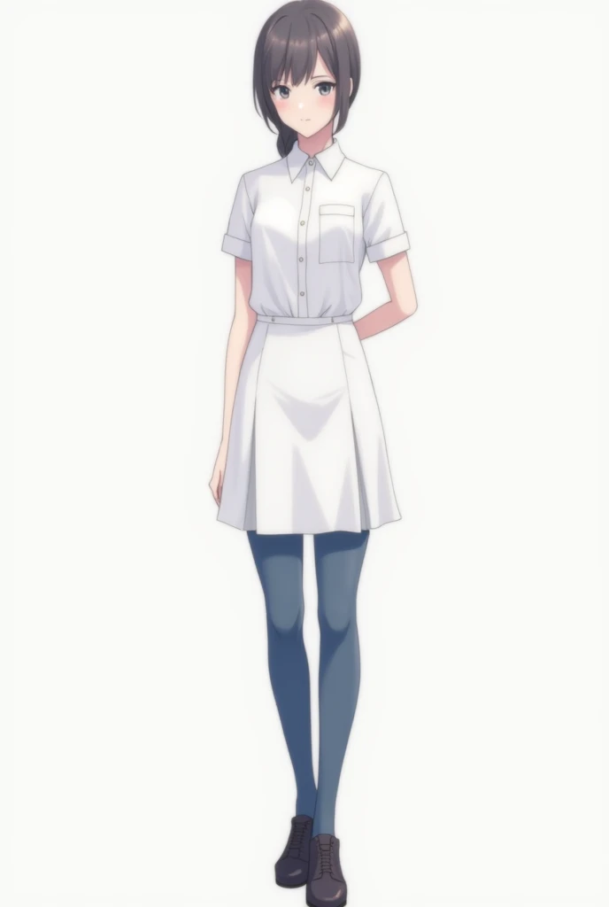  in white uniform , white blouse, white skirt, blue tights and dark shoes in drawing format