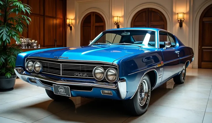 New Ford  Torino Shiny blue colour in luxurious showroom old classic muscle design street front view in luxurious showroom