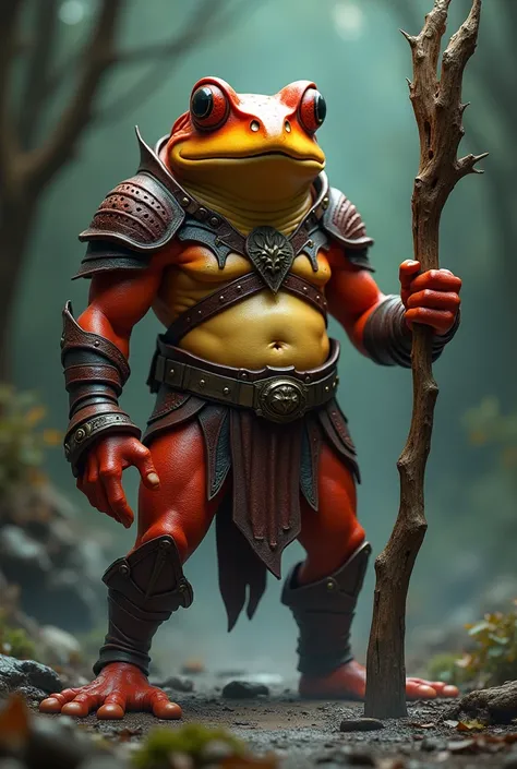  a red frog with the body of a human, leather armor, wooden staff