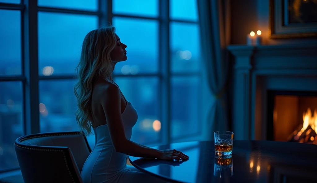 that&#39;Blue lightで満たされた, Ukrainian supermodel is wearing a long white dress , Fitted Dress ,  long blond wavy hair , Full Bust, {x} 、i can see ,  perfect figure  , side, Woman illuminated by shadows  、,  The bar on the upper floor of the Ritz Carlton Hot...