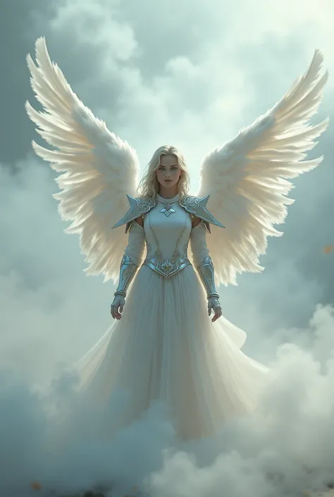 Une jeune femme avec une armure blanche et des ailes d’ange dans une fumee comme des nuages 