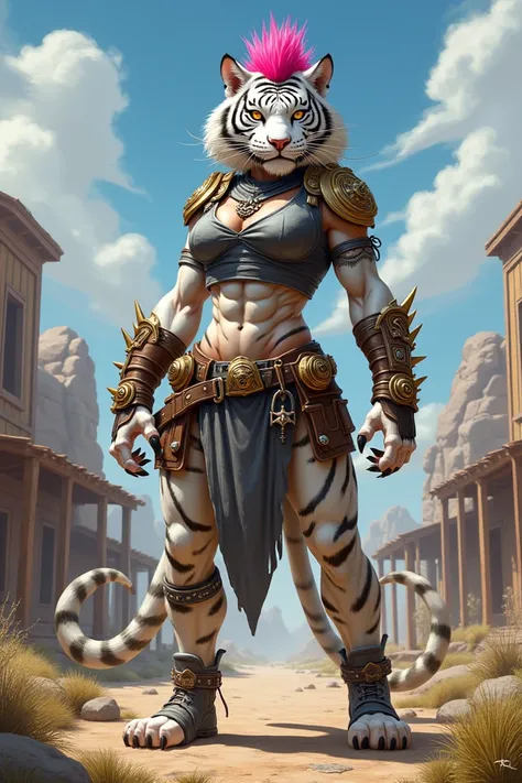 I would like you to create an image of a muscular female white tiger standing on two legs, styled like Rath from Ben 10, wearing gray gang clothes, with a pink mohawk on her head, and her outfit adorned with shiny trinkets she found interesting. I would li...