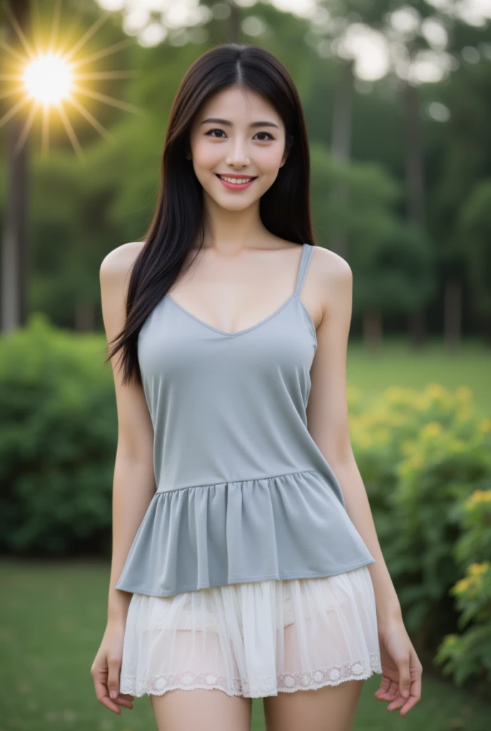 A beautiful, cute Thai woman, 20 years old, fair skin, good figure, long, straight black hair, wearing a loose light gray tank top and a short mini skirt with a white pleated hem. The skirt has two layers, the first layer is made of thin fabric that can be...