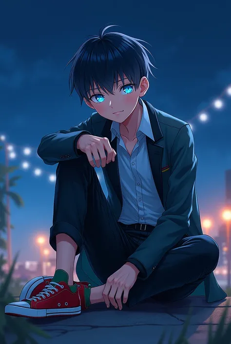 Believe me, an anime boy sitting at night wearing beautiful, good-looking clothes with blue eyes and his very nice clothes and his red and green sneakers