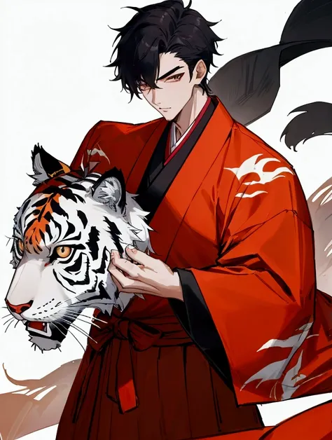 Handsome 20-something young man, sharp face, red long hanbok, handsome big korean tiger