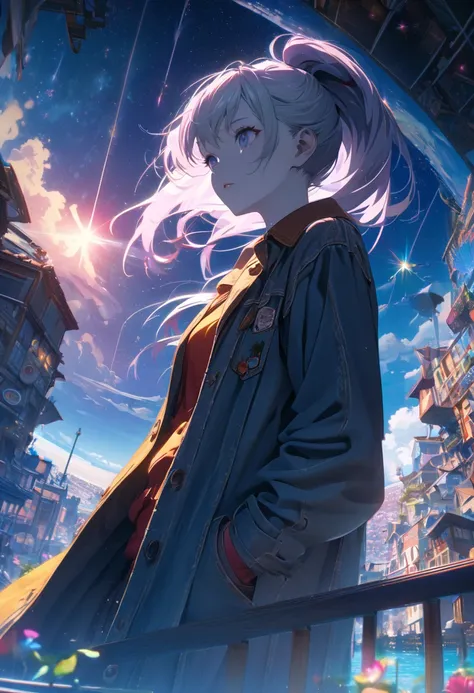 Angelic, detailed woman, Starry Sky, shooting star , horizon, In the sky, city , Lens flare, colorful,coat, Put your hands in your pockets,(student, 18-year-old, ＪＫ, Her short silver hair sways, Pale skin,) Look up at the sky, Beautiful sky, The scenery is...