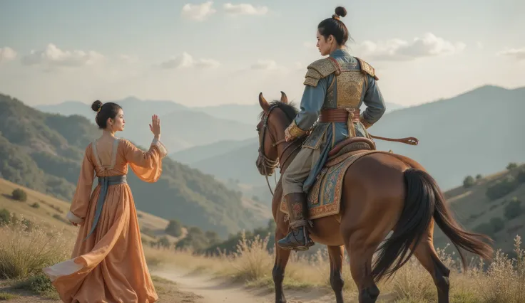 Tang Dynasty,Girl wearing Hanfu,男孩身披Tang Dynasty铠甲和(Leather Armor:1.1),,The boy rides a horse , and looks back at the girl , The eyes of the two are full of disappointment 。,Girl says goodbye with tears 。 and uses slow camera to capture the back of the boy...