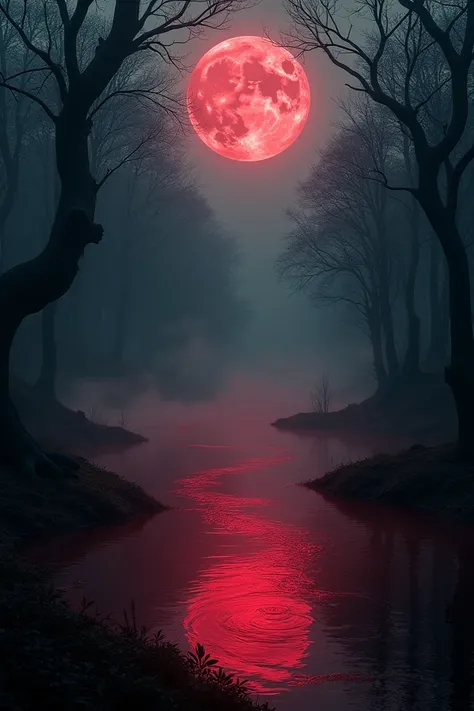 Scene: The "রক্তপুকুর" at night, glowing eerily under a full moon. The water appears red, surrounded by a dark, ominous forest. The atmosphere is haunting, with fog swirling above the pond.

Prompt:
"A dark, eerie pond glowing red under a full moon, surrou...