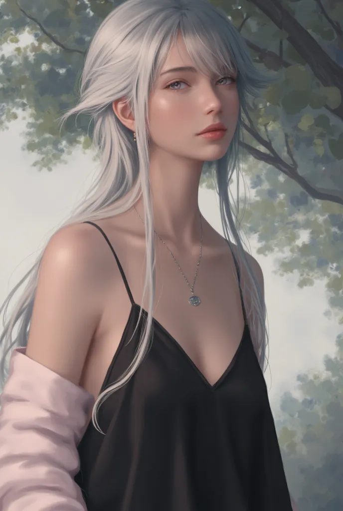 image is a digital illustration featuring a young woman with fair skin and long, flowing silver hair styled in a loose ponytail....