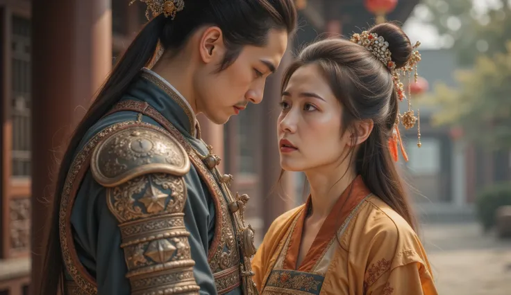 Tang Dynasty,Girl wearing Hanfu,男孩身披Tang Dynasty铠甲和(Leather Armor:1.1),, ready to go to the frontier ,Girl says goodbye with tears 。 can be shot with backlighting ,突出男孩Tang Dynasty铠甲的轮廓和女孩含泪的眼神。