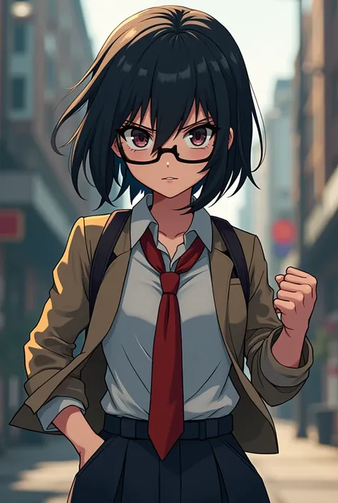 Cute school girl anime morena with glasses make it badass more aggressive and powerful