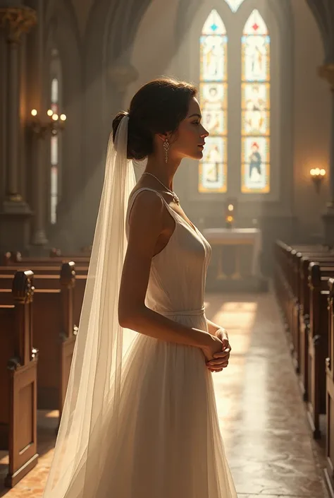 A beautiful women, standing in church, wearing a wedding outfit and have a necklace name hyra