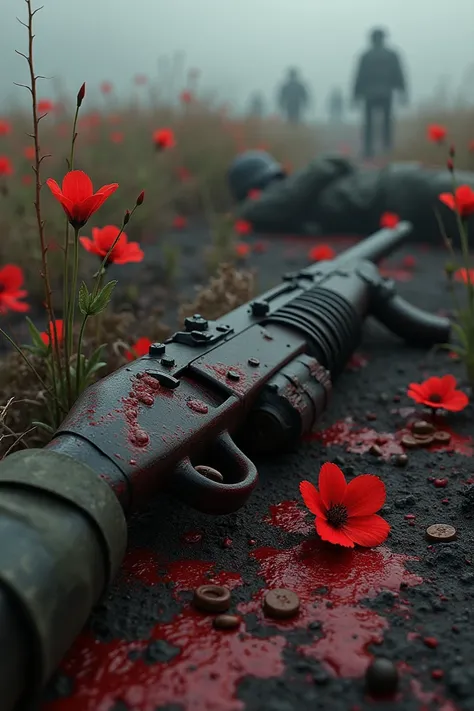 Red and bloody flowers on the battlefield are rooted in the rifles next to the wounded soldiers

