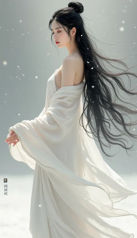 Japanese painting。 very beautiful goddess of beauty。whole body。Ancient Japanese Goddess。 very long black hair。silver-colored plain background。snow