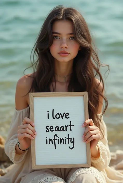 Beautiful girl with wavy long hair, bohemian dress, holding a white board with text "I Love Seaart Infinity" and showing it to the viewer