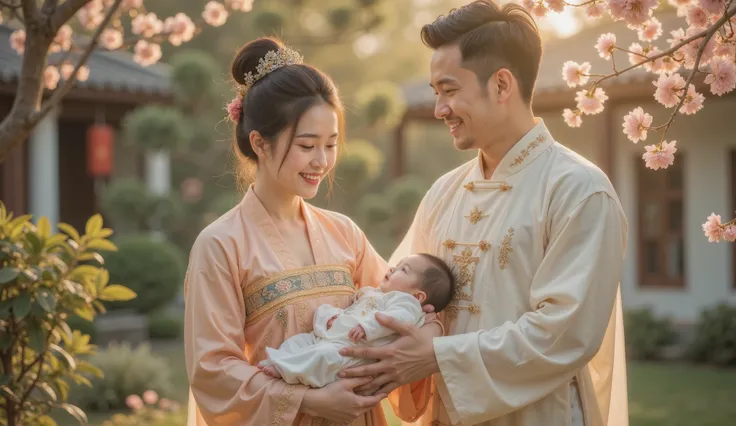 Tang Dynasty,Girl wearing Hanfu,Blossoming summer day , of a woman holding a lovely , and a man watching the child happily beside him, walking happily in the yard ,You can show the birth and happiness of a new life through a heartwarming scene , 。