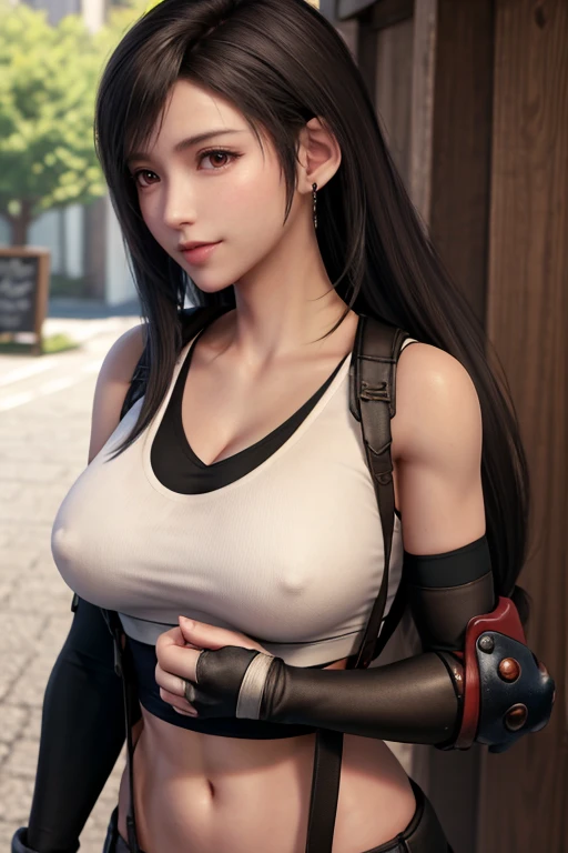 tifa lockhart, masterpiece, (best quality:1.4), ultra high res, ultra detailed, perfect anatomy, 1girl, solo, (large breast:1.1), defTifa, (white crop top:1.3), suspenders, mini skirt, ultra high res, outdoors, daytime, looking at viewer, (smile:0.6), (upp...