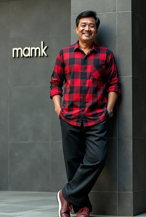 4d logo name, (cufank), a 25 year old Indonesian male with a skin color similar to a real human, short black hair, clear wrinkles, wearing a black and red checkered panel shirt and pants and shoes, posing leaning against a stone wall, the name (maman) is e...