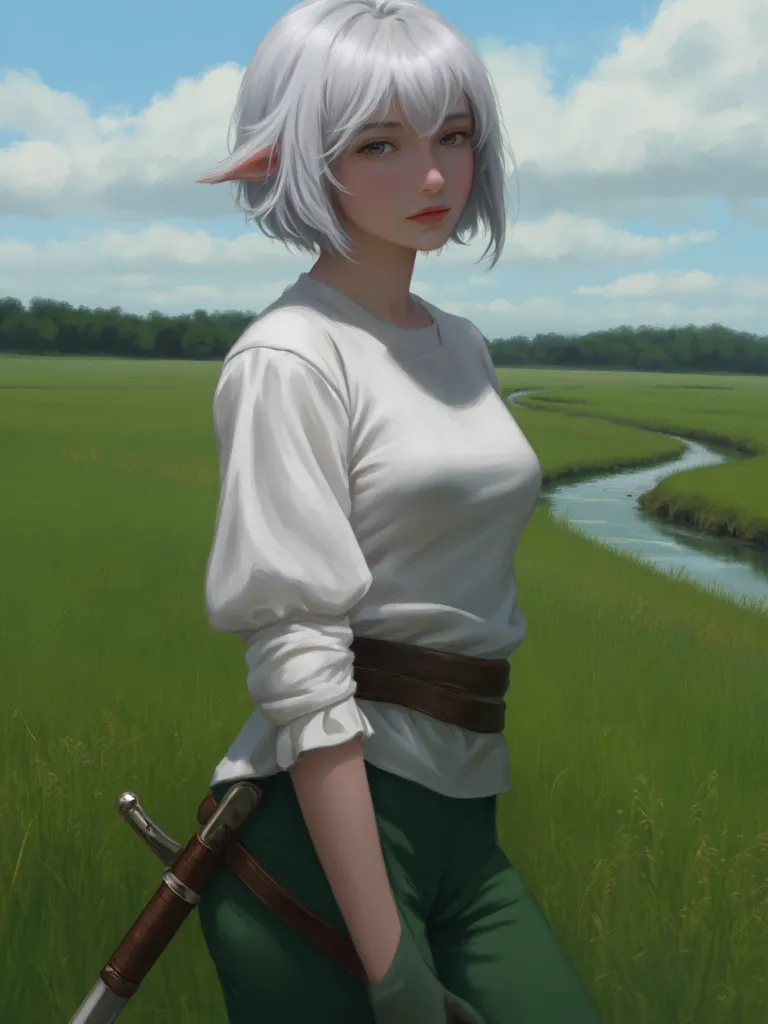 digital painting of a young woman standing in a natural landscape. she has short, white hair and fair skin, with a determined ex...