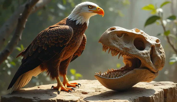 A modern bird  (like an eagle)  next to a dinosaur fossil ,  symbolizing the evolutionary link between the two.