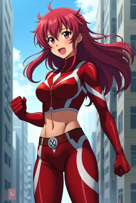  My Hero Academia style ,   anime girl , woman, young woman ,  full body shot ,( Fighting Stance :1.3),Long Hair,  red hair,   brown eyes , hero suit, Full Body Suit,  red suit with white details, perfect anatomy,  enhanced abs , super detailed,(building:1...