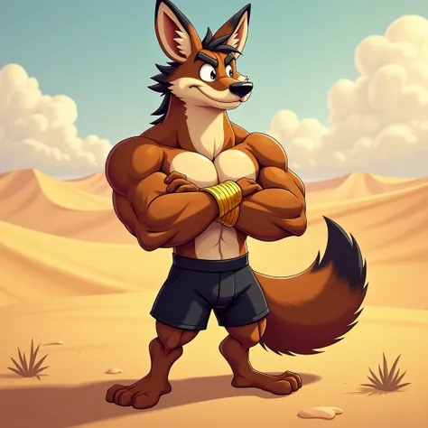  brown muscular jackal furry jock in gold bracelets, in black shorts with arms crossed over his chest, he stands against the desert in cartoon style