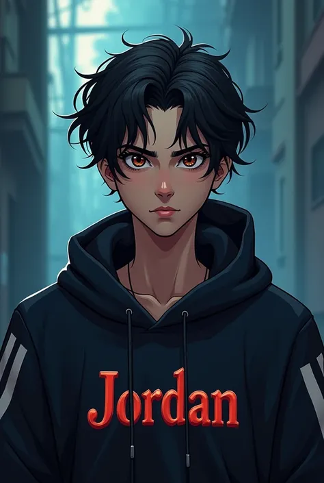 Human HD version logo that bears my physical characteristics : wavy black hair, squishy brown eyes semi-round face ,  Gothic style colors and a touch of intense blue Im a 22 year old boy, Add a bad teenage bandit face style and that his clothes have the na...