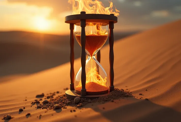 A photorealistic frameless hourglass embodying fire, water, earth, and air in harmony. Flames swirl inside the top chamber, water ripples in the bottom, Dramatic lighting highlights realistic textures, tilt, crooked, half buried at dessert sand dune backgr...