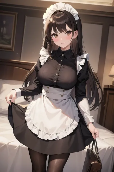 masterpiece、 best quality、beautiful、Fine Lines、A woman around 22 years old、 brown hair、 long hair、 big brown eyes 、smile、blush、Pale lips、Maid、Breast bag、Large breasts、 Long Skirt、 black pantyhose 、bedroom、Maid立ち、How to stand neatly、 from the front、