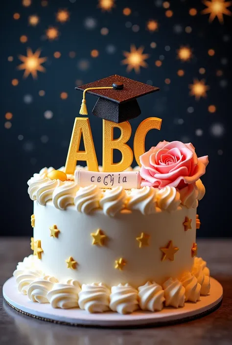 A star-themed cake for ABCs graduation of whipped cream and rose the most delicious and professional, With cake topper from Abc and the name Cecília , surrounded by stars, With the diploma and the hat and the name ABC on the cake 