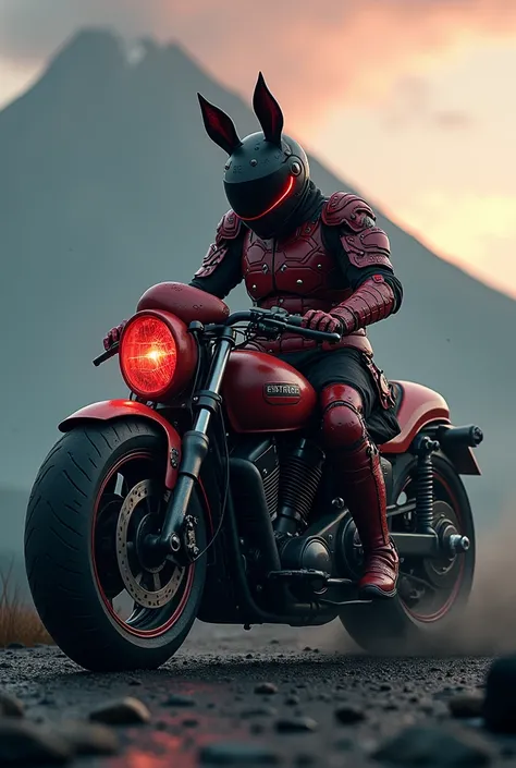 At the volcano、暗く Cinematicな雰囲気の中、There is a huge black motorcycle 。 The bike is equipped with red Japanese armor and rabbit ears 、 the car body is lumpy and the black cloth is fluttering in the wind。


 The image is super high image quality 、4k-8k 、 ULTRA...