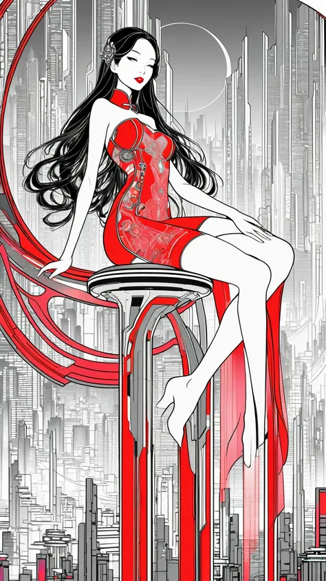 A minimalist line art stilish elegant illustration of a gorgeous slender very long haired oriental woman sitting on a futuristic design high stool , full red lips, in front of a large glass panel, with a view of a colorful futuristic sci fi city . She is w...