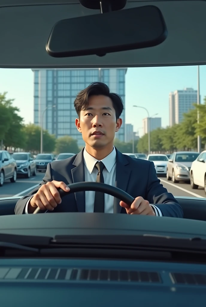 A male Korean office worker in his early 30s riding a car using a parking lot