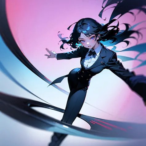 A 16-year-old girl with short, black, wavy, full hair and a smooth fringe, wearing a black suit with pants, shoes, and a violet dress shirt. Her face is completely censored. She is in a surreal ice rink located in a plaza with a background of a technologic...