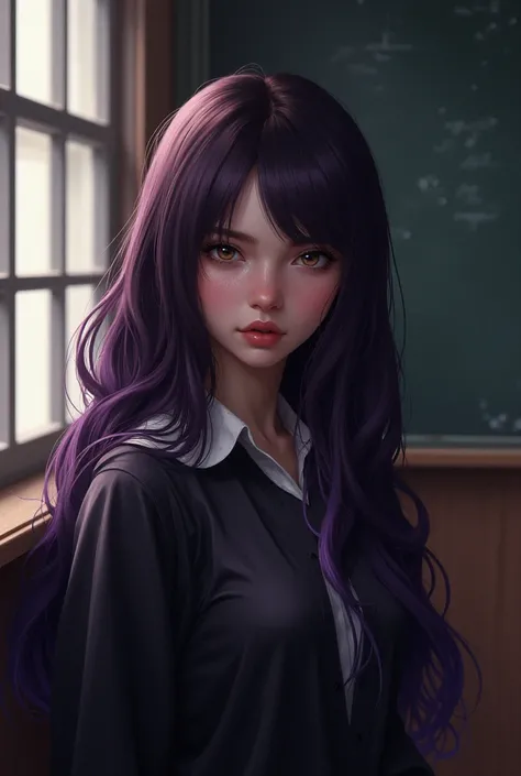 Make Raiane ,  a brunette lady ,  brown hair with opaque purple undertones,  she has a half-large nose , She is in the classroom , In the corner of the room,  by your side is Yago