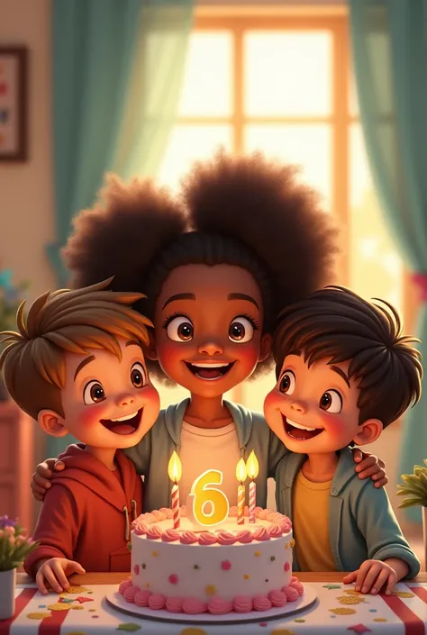  Two  boys one light brown and one with dark hair,  a  girl with very curly and dark brown hair , Celebrating her 6th birthday 