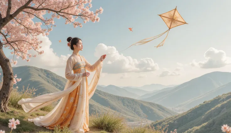 Tang Dynasty,Girl wearing Hanfu,spring,The girl flies a paper kite , hoping it will bring back memories of the boy。