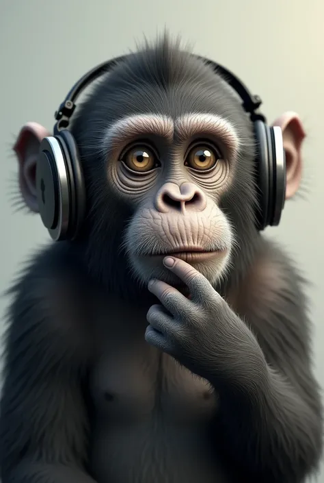 Adult monkey animal with headphone and thinking with meditative eyes