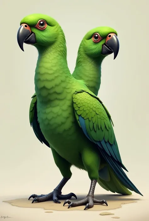 Great Parrot with one body and  2 head joint from neck , full body image, green color.
