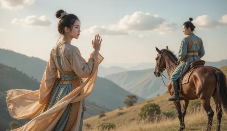 Tang Dynasty,Girl wearing Hanfu,男孩身披Tang Dynasty铠甲和(Leather Armor:1.1),,The boy rides a horse , and looks back at the girl , The eyes of the two are full of disappointment 。,Girl says goodbye with tears 。 and uses slow camera to capture the back of the boy...
