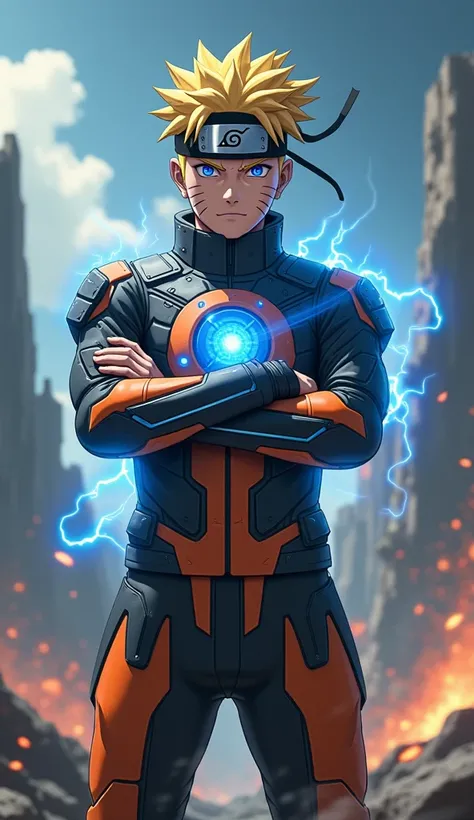 Design a futuristic mecha version of Naruto Uzumaki in an anime style, posed with his arms crossed confidently. Retain his iconic spiky hair, now made of glowing metal, and the whisker-like markings as illuminated lines on his metallic faceplate. His armor...