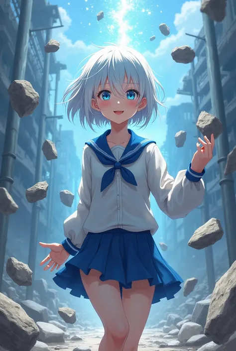 Masterpiece, top quality, highest quality, astral image, high school girl, white hair, short hair, blue eyes, Smiling expression, active character, levitating stones, from forward, ruined city, character focused view, wearing a school suits 