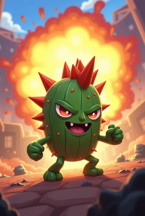 Brawl Stars round with the Brawler spike 
There is an explosion in the foreground and in the background