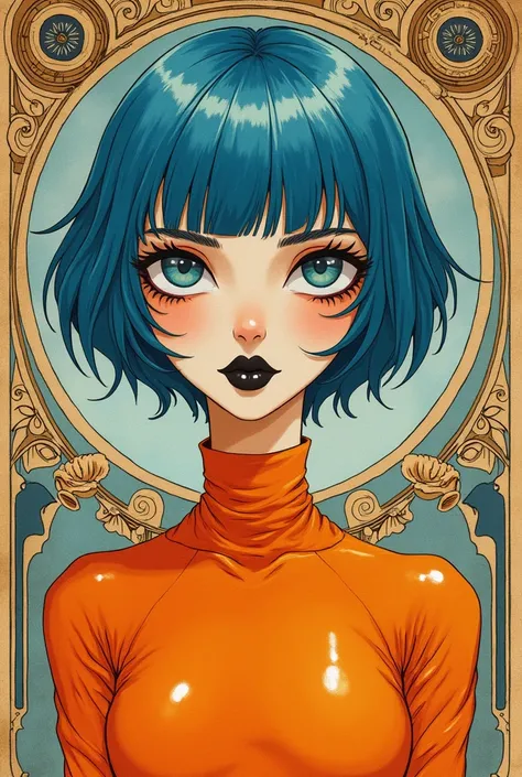 An art nouveau style watercolor image of a slender girl with short blue hair in a shiny orange latex turtleneck. Black lipstick. Sci-fi atmosphere. Druillet style. Enki Bilal. Mesmerizing look. Ornamental cyberpunk background. 